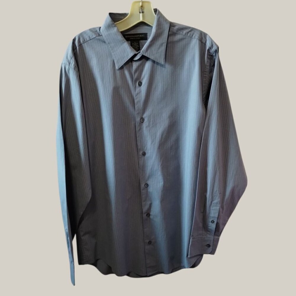 Banana Republic Mens Stretch Classic Fit Pinstripe  Shirt Gray/Pink Large